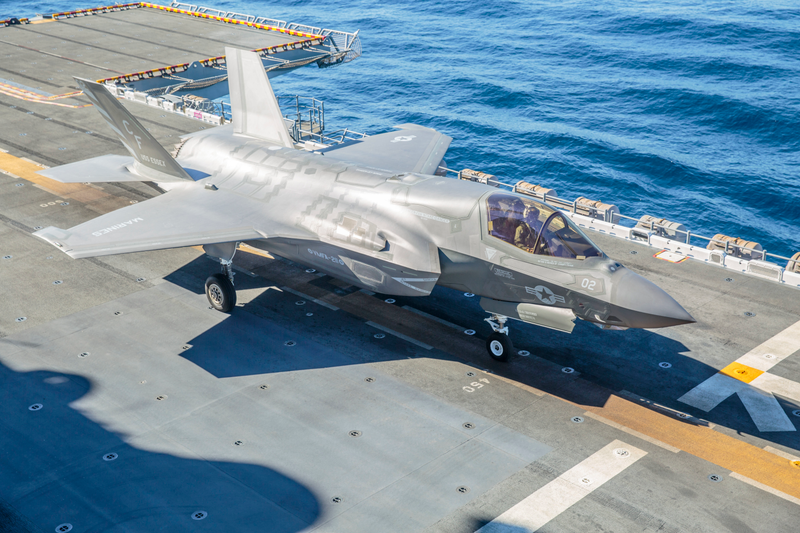 A F-35B from VMFA-211 prepares on the deck of USS Essex during Dawn Blitz 2017. US Navy photo